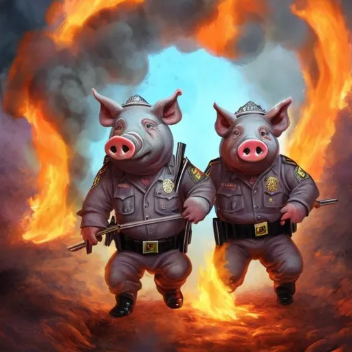 Prompt: Two bipedal pig-cops in their uniforms  are burning in hell,  & being whipped by a demon.