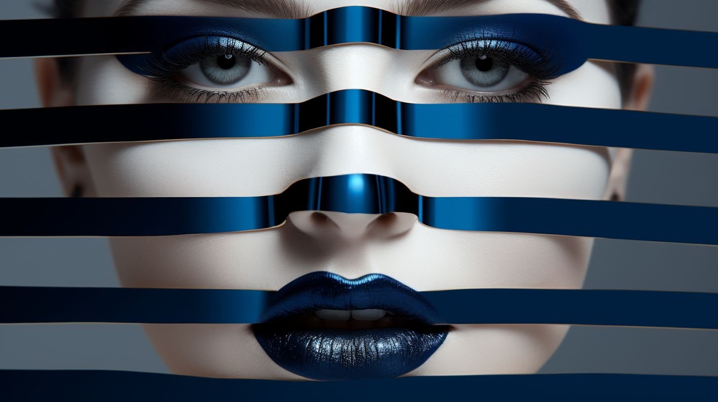 Prompt: a woman's face with metal bars on it, in the style of indigo and beige, illusion of three-dimensionality, high dynamic range, stripes and shapes, porcelain, algorithmic artistry, shiny eyes --ar 16:9 --style raw --v 5.2