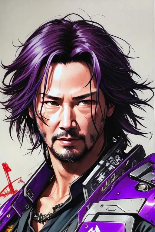 Prompt: (((Yoji Shinkawa))), sticker of ultra detailed portrait of Keanu Reeves as a cyberpunk samurai in purple armor. high quality cell shaded illustration in post apocalyptic style by Yoji Shinkawa, ((full body)), dynamic pose, perfect anatomy, centered, freedom, soul, silver long hair, approach to perfection, cell shading, 4k , cinematic dramatic atmosphere, watercolor painting, global illumination, detailed and intricate environment, artstation, concept art, fluid and sharp focus, volumetric lighting, cinematic lighting, Art by Yoji Shinkawa,