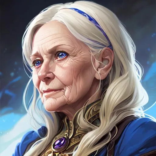Prompt: realistic portrait of a dnd old woman baroness, D&D, blonde hair, blue eyes, highly detailed, concept art, smooth, art by artgerm and greg rutkowski and alphonse mucha and simon stalenhag, ambient lighting, fantasy, full view, close up to face, highly detailed face, dress, cute face, highly detailed face