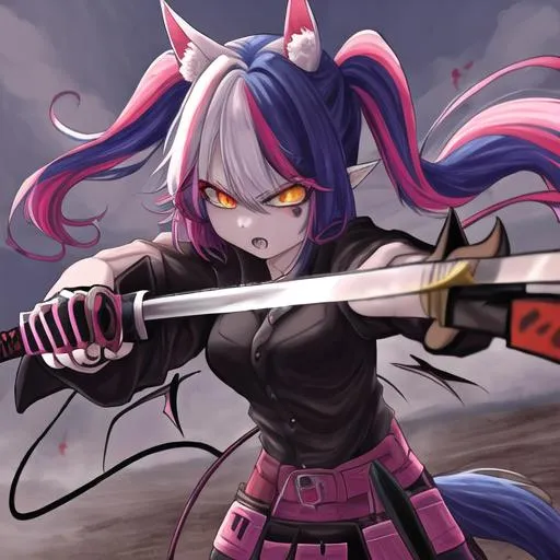 Prompt: Haley  as a demon (multi-color hair) (multi-color eyes)(she has horse ears) holding a katana, fighting, in a gunfight, bullets flying, fighting in a rural area, angry, demon tail, demon wings