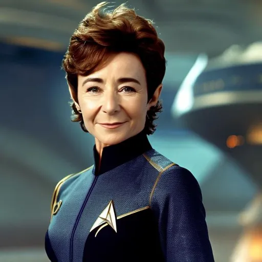 Prompt: A photograph of Zoe Wanamaker, wearing a Starfleet uniform, with a Star Trek background, in the style of the "Star Trek: The Wrath of Kahn."