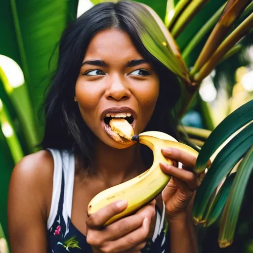 Prompt: A woman eats a banana under a palm
