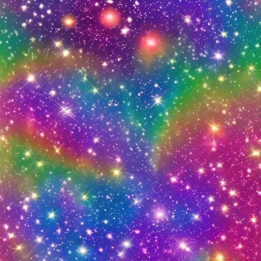 Prompt: Metallic rainbow morning glories in outer space in the style of Lisa frank