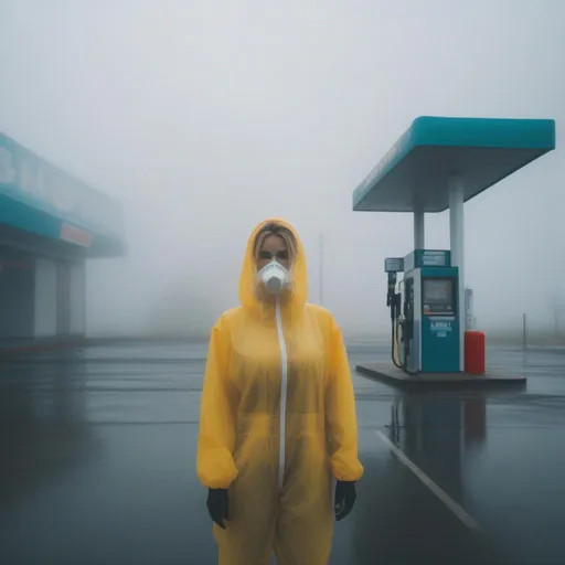 Prompt: a woman in a hazmat suit bikini, standing at an empty gas station shrouded in fog