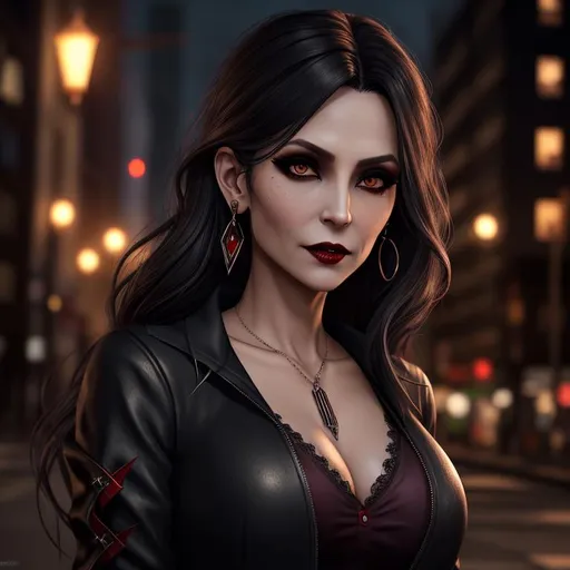 Prompt: cute, thin, 40 years old, librarian turned vampire, dark eyeliner, ragged, survivor, determined, ruined clothes, ((torn to shreds and professional dress), big earrings, vampire, bombed out city at night, detailed symmetrical face, real skin textures,.alive, 8k, uhd, vampire the masquerade,