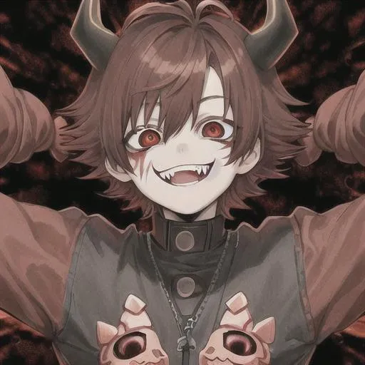 Prompt: insane, cute anime boy, brown hair, smiling, trippy background, demon behind, zoomed out, fangs, aesthetic mask, scars, no horns, hands on face 