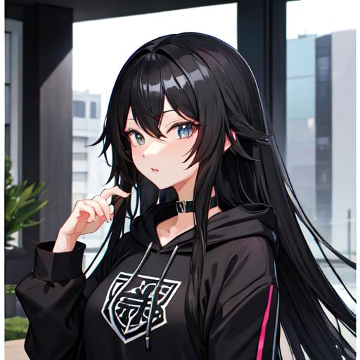 Black long hair anime high school cool girl with bla