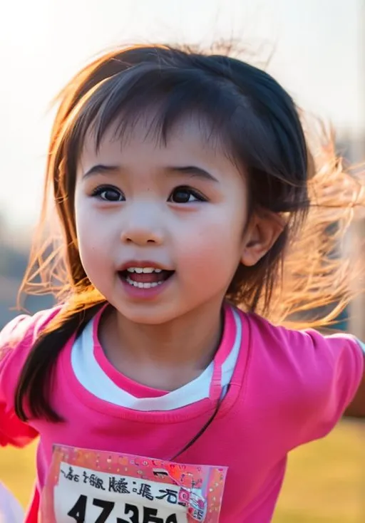 Prompt: Asian preschool girl enjoying her time sprinting at high speed in bright morning.