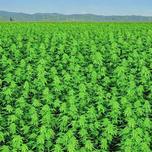 Prompt: Draw a large lush hemp crop with a combine cultivating it. 