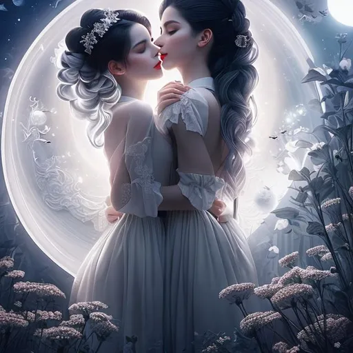 Prompt: Beautiful woman, literally white skin tone, black and white clothes, legs floating, human body with bone shadows, right hand making peace pose, left arm holding the waist, pretty, covered in nightly glow with detailed silver features under the moon with illuminating moonshine beams, she has black and white hair in pigtails; by anna dittmann, floradriel, high resolution,  digital painting, extreme detail, 120k,  ultra hd, hyper detailed, white, wlop, digital painting; crystal body