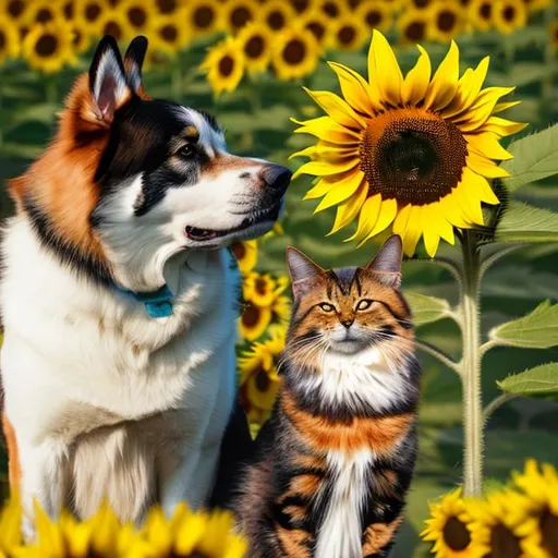 Prompt: dog and cat with sunflower in background