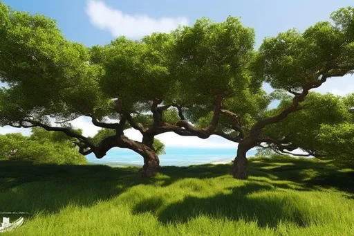 Prompt: Create an ultra-detailed exquisite oak tree image: hyper-detailed {trunk, roots, leaves, branches}, sharp focus, harmony, centered, balance, great background {The Black Sea coast, the Caucasus Mountains, a group of palm trees, plants and grass} in UHD engine 5, HDR, Octane 3D, 256K.