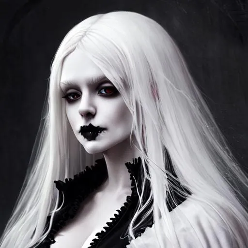 Prompt: Realistic photograph of a beautiful medieval bloody white haired gothic girl wearing black robe