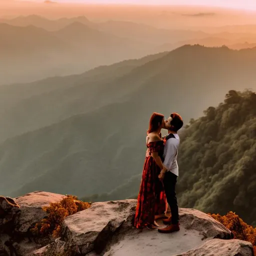 Prompt: couple kissing on mountain sunset handmade