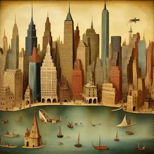 Prompt: Please create a painting of the Manhattan skyline in the style of Hieronymus Bosch