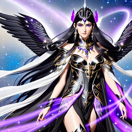 Prompt: Tall, darkly ethereal, inhumanly beautiful humanoid angelic creature with black and purple wings and flowing dark black hair flecked with stars blowing in the wind shrouded in a long flowing cloak made with an ornate silver and black breastplate and trailing mesmerizing flowing wisps of shadows and light with glittering ice blue eyes and a detailed, delicate, pale, and serious face with delicately pointed ears, and a intricate purple and silver crown, and hands with an intricate silver and blue ring on her left ring finger, and ornate silver bracelets on each wrist   with a crescent moon and stars in the background 
