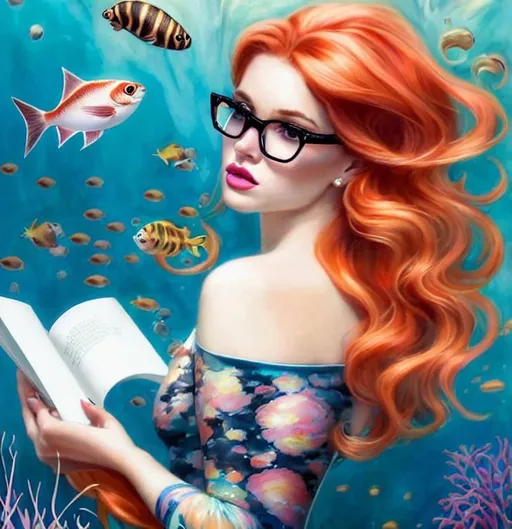 Prompt: A beautiful mermaid, gradient ombre reddish hair, under the sea, with a perfect tail, using Fancy cat eyes specs and reading a book. There's fishs and other marine life around her. Art by Daniel Gerhartz, Martine Johanna, artgerm, James jean. Best quality, super clear resolution, cinematic quality.