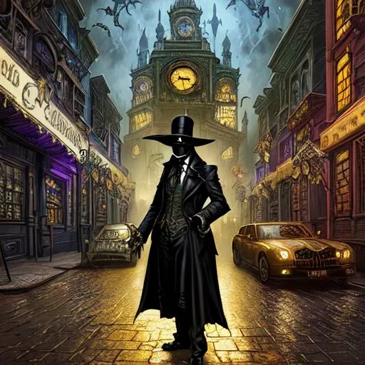 Prompt: Victorian era plague doctor, on a dystopian city street ; horror, gothic, detailed concept art by Guillermo del Toro, Dan Mumford, Anne Stokes, and Butcher Billy; hyperdetailed; vivid triadic colors ; 8k, maximalism, golden ratio, epic composition, gross medical art