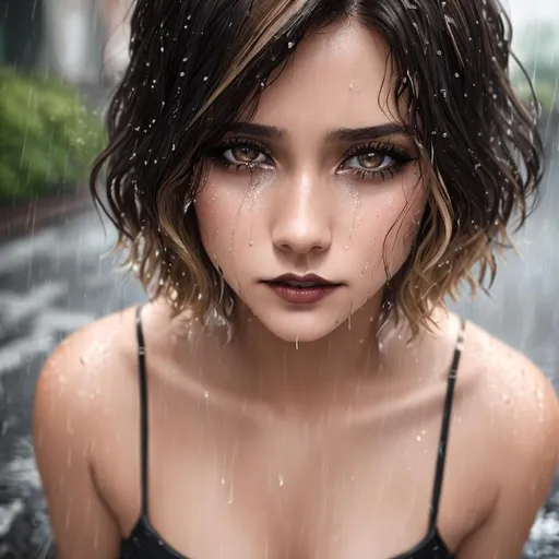 Prompt: portrait photo, centered, 21 years old, short asymmetric hair cut, brown with blonde highlights, drenched hair, soaked, unhappy woman crying, black makeup running down the face, face close up view, sitting on the ground on a cobbled street in the rain, goth aesthetic, heavenly beauty, 8k, 50mm, f/1. 4, high detail, sharp focus, cowboy shot, perfect anatomy, arms behind back, sunshine on her face, sunset, window side, Carne Griffiths, Conrad Roset, highly detailed, detailed and high quality background, oil painting, digital painting, Trending on artstation , UHD, 128K, quality, Big Eyes, artgerm, highest quality stylized character concept masterpiece, award winning digital 3d, hyper-realistic, intricate, 128K, UHD, HDR, image of a gorgeous, beautiful, dirty, highly detailed face, hyper-realistic facial features, cinematic 3D volumetric, illustration by Marc Simonetti, Carne Griffiths, Conrad Roset, 3D anime girl, Full HD render + immense detail + dramatic lighting + well lit + fine | ultra - detailed realism, full body art, lighting, high - quality, engraved | highly detailed |digital painting, artstation, concept art, smooth, sharp focus, Nostalgic, concept art,