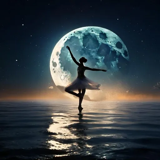 Prompt: a dancer dancing in the moonlight on a stage made of clear water , shows reflection of moon, moon at background