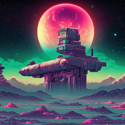 Prompt: retro imperial japan, retrowave, neon, synthwave, vaporwave, highly detailed, galaxy sky, cosmos, alien