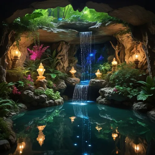 Prompt: Treasured grotto with jewel and water features beautiful 90s nighttime 