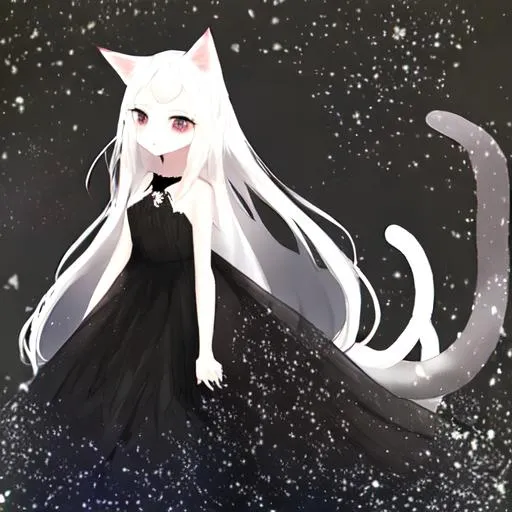 Cat girl with long white har in a elegant black dress | OpenArt