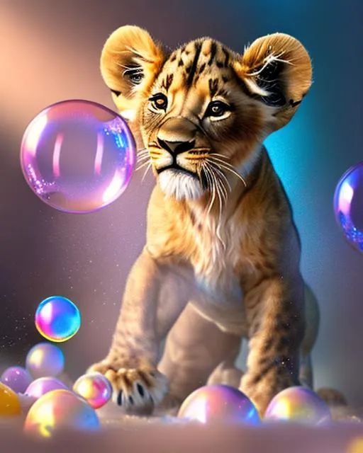 Prompt: A playful lion cub tumbles through a cloud of soap bubbles, its little paws batting at the iridescent orbs floating through the air