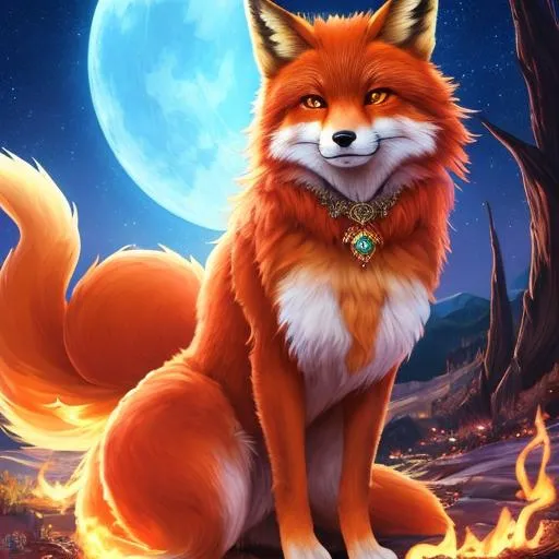 Prompt: Full-body detailed masterpiece, fantasy, high-res, quality upscaled image, perfect composition, subject of this image is a beautiful female bipedal fox, red fur, busty body, 18k composition, 16k, 2D image, cell shaded, busty torso, blue moonlight background, blue fire, humanoid, fox head, fox tail, fox feet, digitigrade, fur covered torso