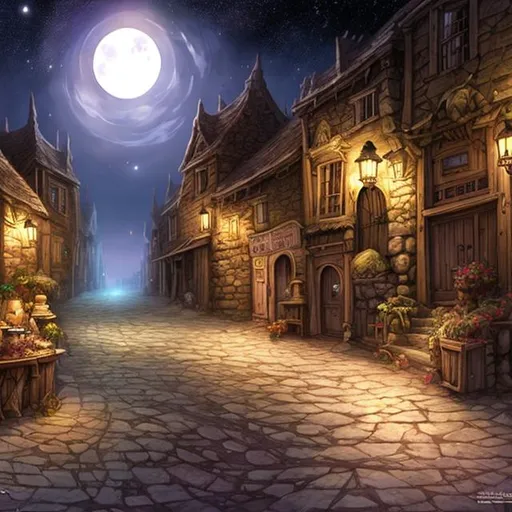 Prompt: concept art, fantasy, full moon, town near salt flats, dungeon equipment street market