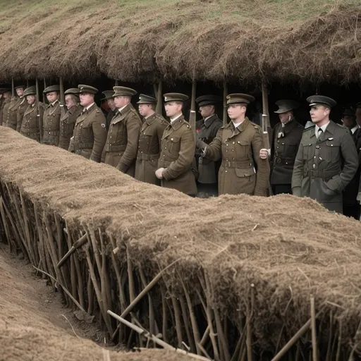Prompt: World War one trench with World War one soldiers in the trench.