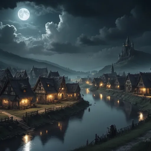 Prompt: Warhammer fantasy rpg style village with various buildings, by river seen from distance at night, eerie atmosphere, cloudy sky, quarter of a moon in the sky