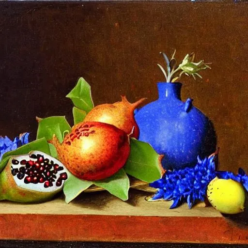 Prompt: Still life with pomegranates, soursop, cornflowers and narcissusis