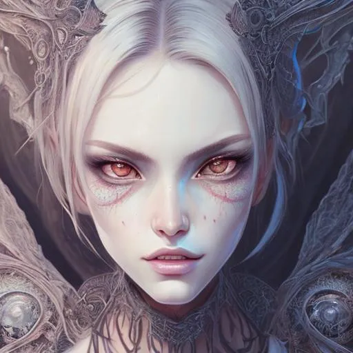 Prompt: highest quality portrait, succubus, digital painting, highly-detailed symmetric face, cinematic dark cold color palette, spotlight,perfect composition, hyperrealistic, super detailed, 8k, high quality, sharp focus,intricate details, highly detailed, dynamic lighting, detailed and intricate environment, anime artstyle by Yusuke Kozaki