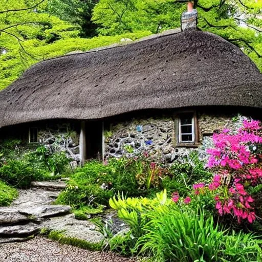 Prompt: A stone, moss covered cottage with a thatched roof on a dark forest path the windows are lit showing the great many flowers all around there is a small pond with fish jumping from the water to catch flies buzzing over the water in the style of Thomas Kincaid




 












