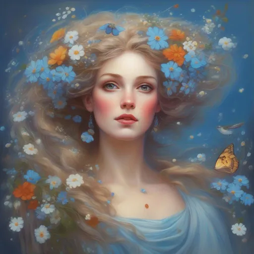 Prompt: A beautiful and colourful Persephone whose hair is made of clouds that rains down forget-me-not flowers and baby's breath flowers made of jewels, while chickadees fly around her; in a painted style
