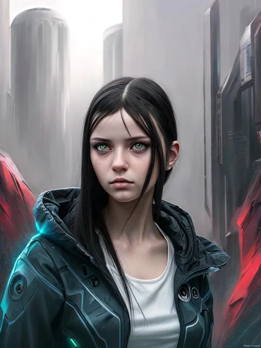 Prompt: Girl with dark hair, dark eyes, sci-fi background, futuristic, realistic, hyperrealism