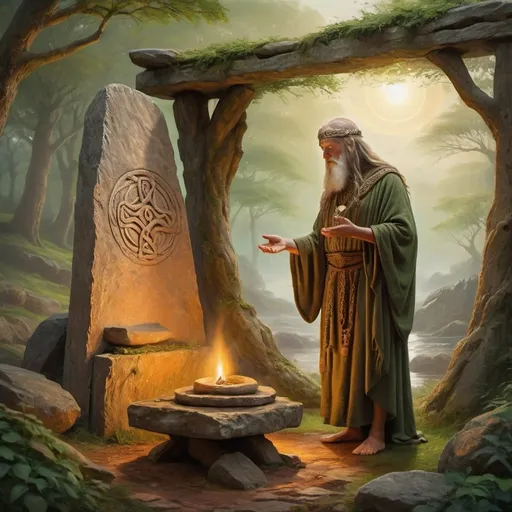 Prompt: (celtic druid performing a ritual), (dolmen) in an ancient landscape, (1st century historical context), mystical atmosphere, warm earthy tones, (oil painting style), intricate details of druid’s robe and accessories, soft diffused lighting, serene background with lush greenery, (ultra-detailed) and vivid colors, evoking a sense of ancient magic and connection to nature.