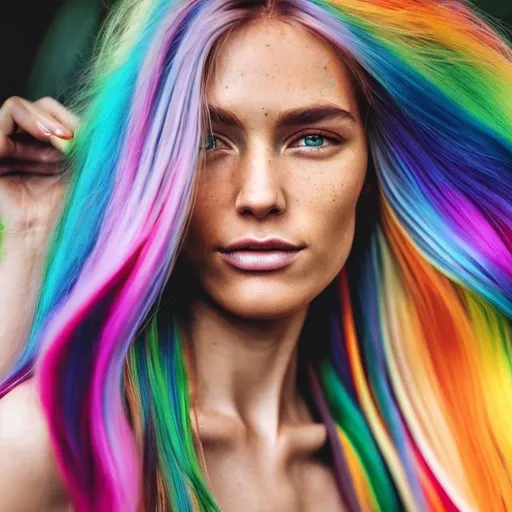 Prompt: Zoomed in on a womens face has got long rainbow hair vibrant