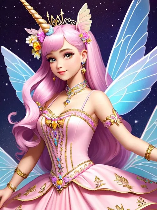 Prompt: hypermaximalist, fine details, vivid,masterpiece, illustration, best quality:1.2), 1girl, solo, perfect face, fine details. anime, fairy, princess, unicorn, rainow, many,color, pink, purple, blue, yellow, orange, red, fairy, wings, delicate, unicorn , full body, fairy, dress, unicorns rainbows, pink,