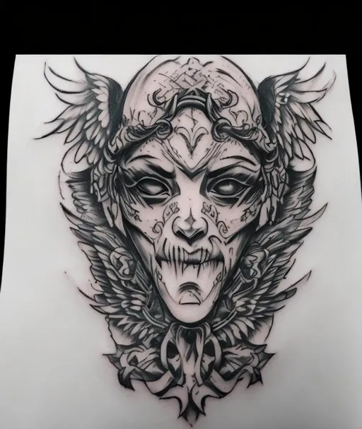 Prompt: Sketchy tattoo style, angel with tengu half face mask