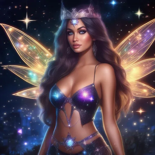 Prompt: An incredible, full body image of a stunningly beautiful, hyper realistic, buxom woman with bright eyes wearing a sparkly, glowing, skimpy, sheer, fairy, witches outfit on a breathtaking night with stars and colors with glowing, detailed sprites flying about