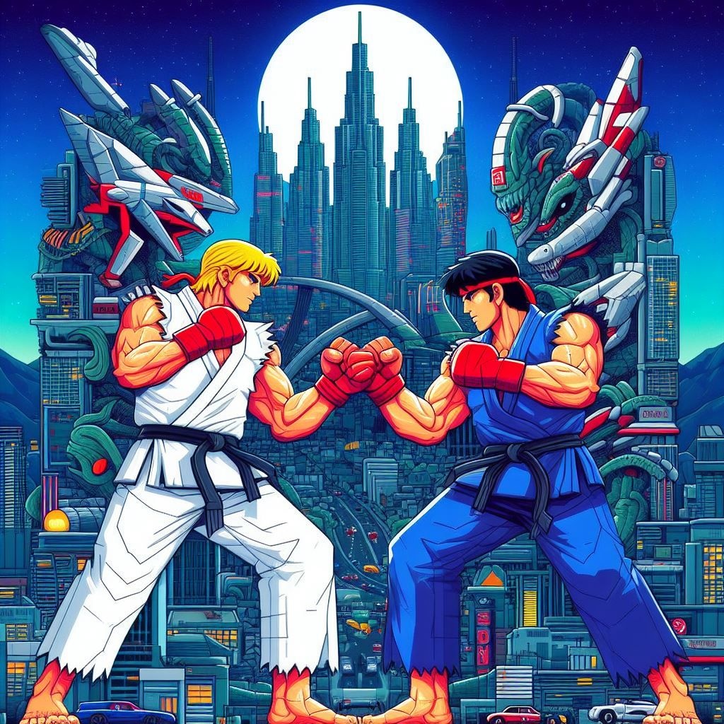 Prompt: papercut Ryu vs papercut E. Honda from streetfighter, background is a cityscape in the style of neogeo