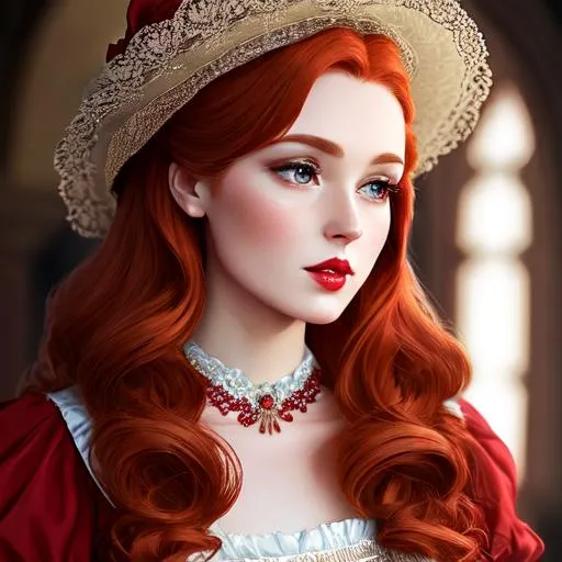 Prompt: CGI. A profoundly fair demure redhead woman dressed conservatively in dull brown maid gown.
Fantasy, stylized, elegant feminine clothing, red gloss lips, rosy cheeks, mystical vibe.