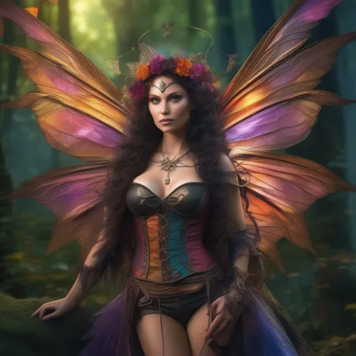 Prompt: Epic. Cinematic. Shes a (colorful), Steam Punk, gothic, witch. spectacular, Winged fairy, with a skimpy, (colorful), gossamer, flowing outfit, standing in a forest by a village. ((Wide angle)). Detailed Illustration. 8k.  Full body in shot. Hyper real painting. Photo real. A (beautiful), shapely, woman with, (anatomically real hands), and (vivid) colorful, (bright) eyes. A (pristine) Halloween night. (Concept style art). 