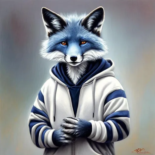 Prompt: Dark blue anthropomorphic fox, white chest and front paws, grey stipes on hind legs and tail, white tips on his ears, human look and standing upright, wearing a black hoodie, oil painting, realistic