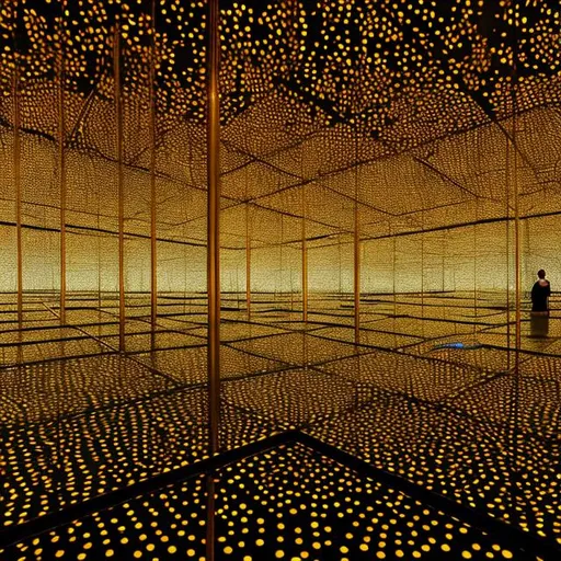 Prompt: view from center of Yayoi Kusama’s Infinity Mirror Room with brass lighting