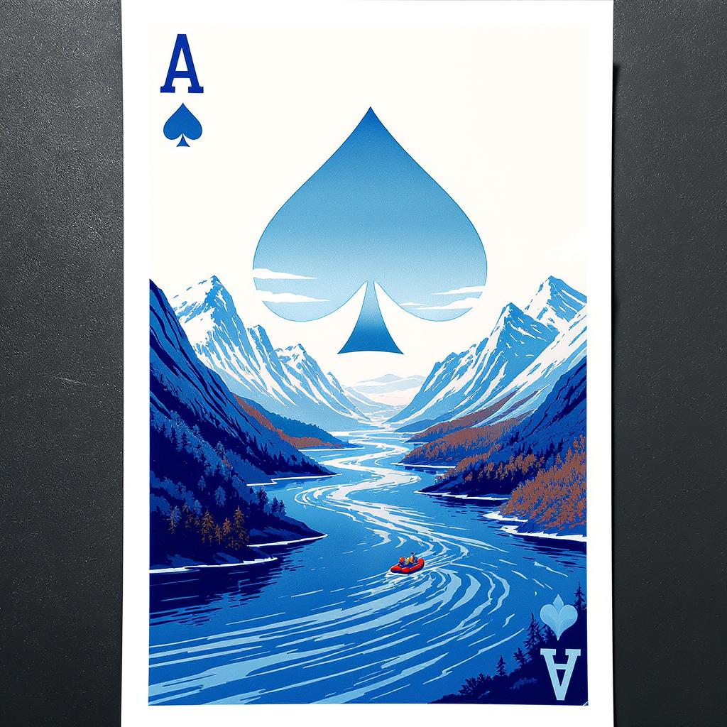 make a poster of a minimalist style blue river in be...
