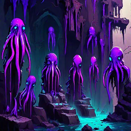 Prompt: (in dripping art style) Everstare, My notes indicate these vibrantly hued watchers once inhabited the ruins of Zaintiraris until an unfortunate explorer set them free. Given their color and origin, I suspect Sheogorath holds some sway over them. Also unfortunate, dripping tentacles, dripping violet, Masterpiece, Best Quality 